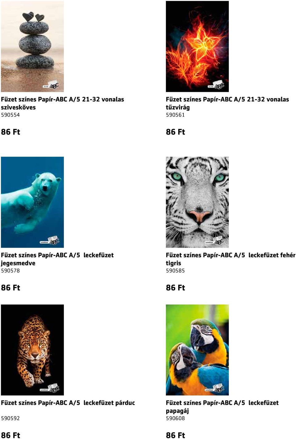 590578 Füzet színes Papír-ABC A/5 leckefüzet fehér tigris 590585 Füzet színes