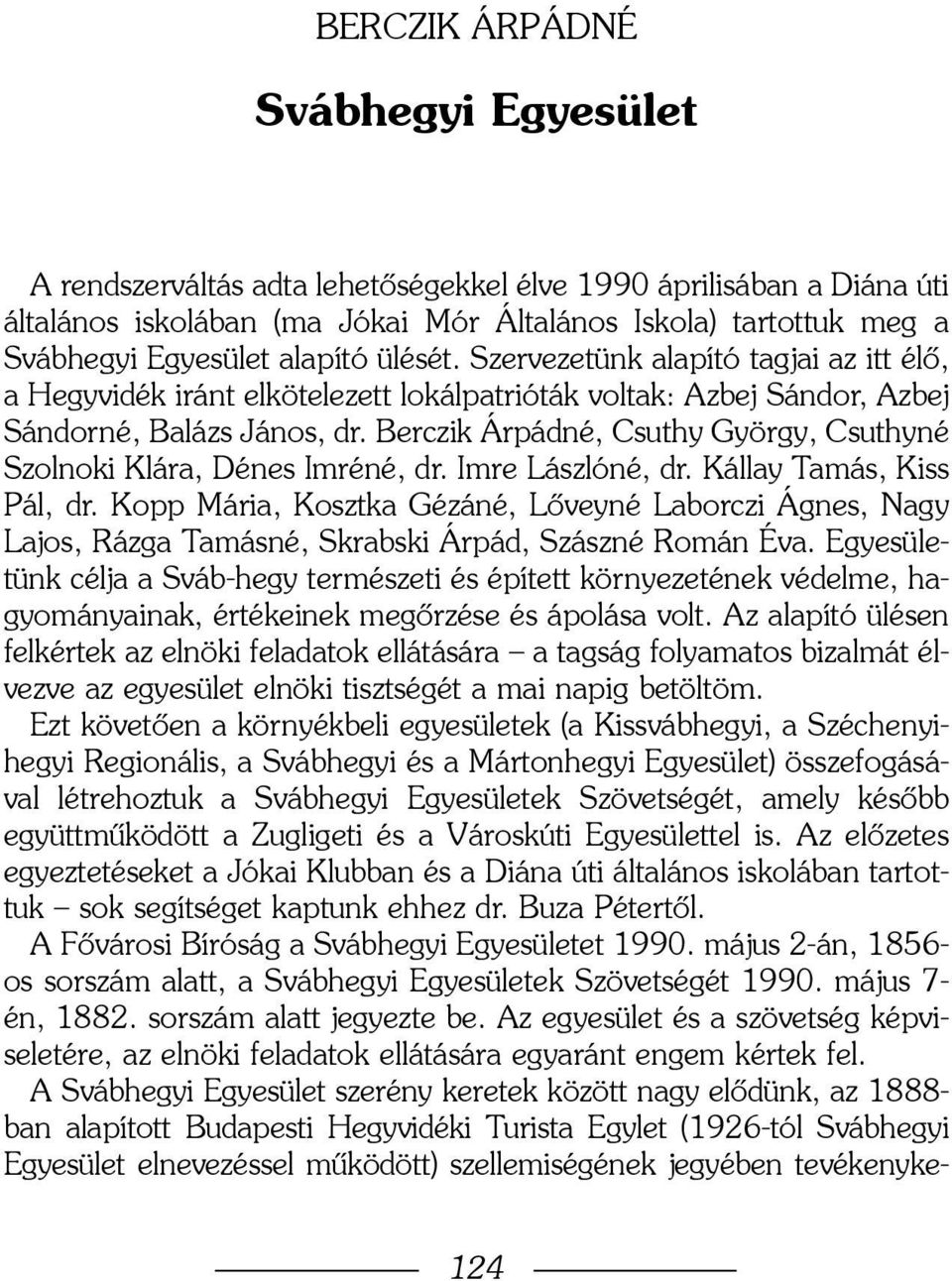 Berczik Árpádné, Csuthy György, Csuthyné Szolnoki Klára, Dénes Imréné, dr. Imre Lászlóné, dr. Kállay Tamás, Kiss Pál, dr.