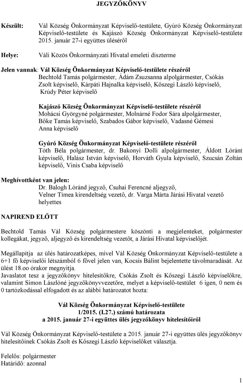 alpolgármester, Csókás Zsolt, Kárpáti Hajnalka, Kőszegi László, Krúdy Péter Kajászó Község Önkormányzat Képviselő-testülete részéről Mohácsi Györgyné polgármester, Molnárné Fodor Sára alpolgármester,