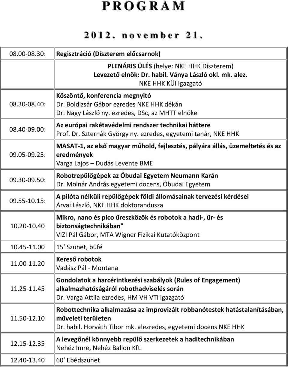 ezredes, DSc, az MHTT elnöke Az európai rakétavédelmi rendszer technikai háttere Prof. Dr. Szternák György ny.