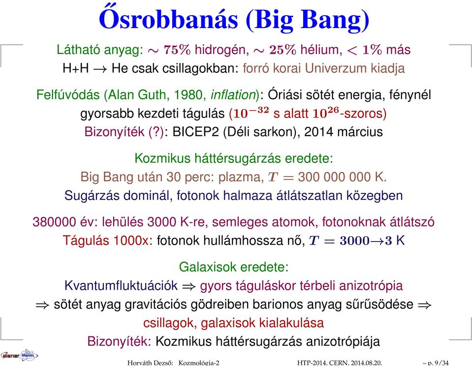 fénynél gyorsabb kezdeti tágulás (10 32 s alatt 10 26 -szoros) Bizonyíték (?): BICEP2 (Déli sarkon), 2014 március Kozmikus háttérsugárzás eredete: Big Bang után 30 perc: plazma, T = 300 000 000 K.