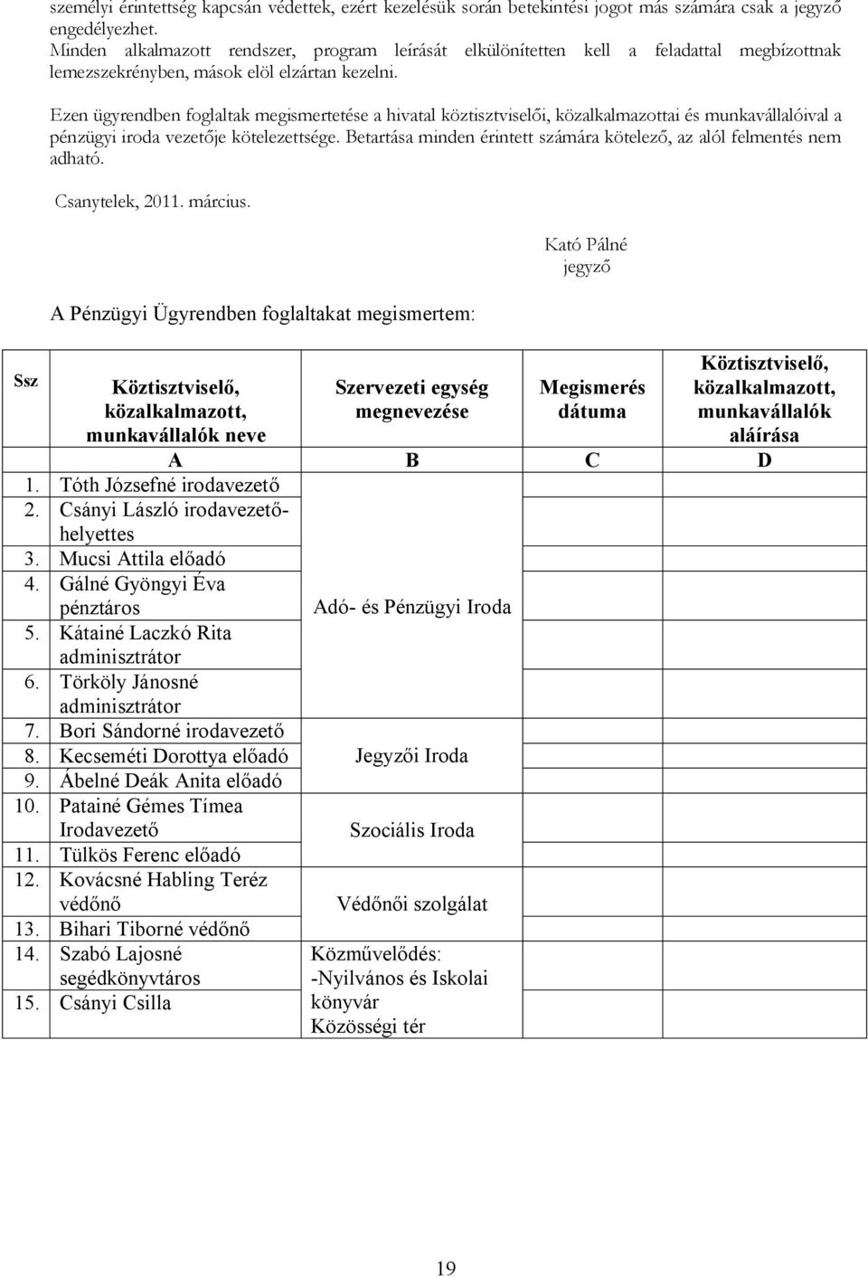 Ezen ügyrendben foglaltak megismertetése a hivatal köztisztviselői, közalkalmazottai és munkavállalóival a pénzügyi iroda vezetője kötelezettsége.
