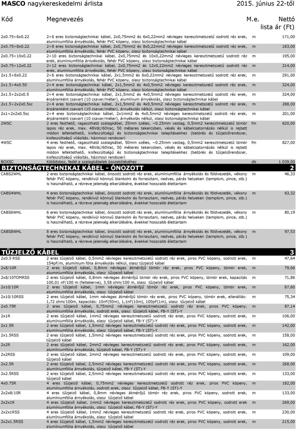 22 2+8 eres biztonságtechnikai kábel, 2x0,75mm2 és 8x0,22mm2 névleges keresztmetszetű sodrott réz erek, m 183,00 alumíniumfólia árnyékolás, fehér PVC köpeny, olasz biztonságtechnikai kábel 2x0.