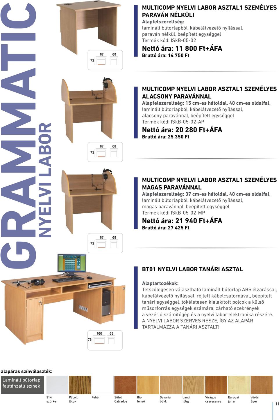 laminált bútorlapból, kábelátvezető nyílással, alacsony paravánnal, beépített egységgel Termék kód: ISkB-05-02-AP Nettó ára: 20 280 Ft+ÁFA Bruttó ára: 25 350 Ft MULTICOMP NYELVI LABOR ASZTAL1