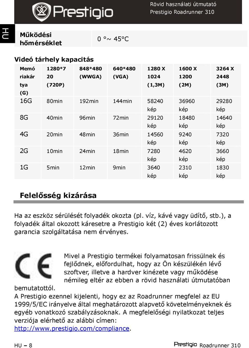 sérülését folyadék okozta (pl. víz, kávé vagy üdítő, stb.), a folyadék által okozott káresetre a Prestigio két (2) éves korlátozott garancia szolgáltatása nem érvényes.