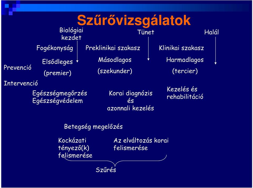 Másodlagos (szekunder) Korai diagnózis és azonnali kezelés Harmadlagos (tercier) Kezelés és