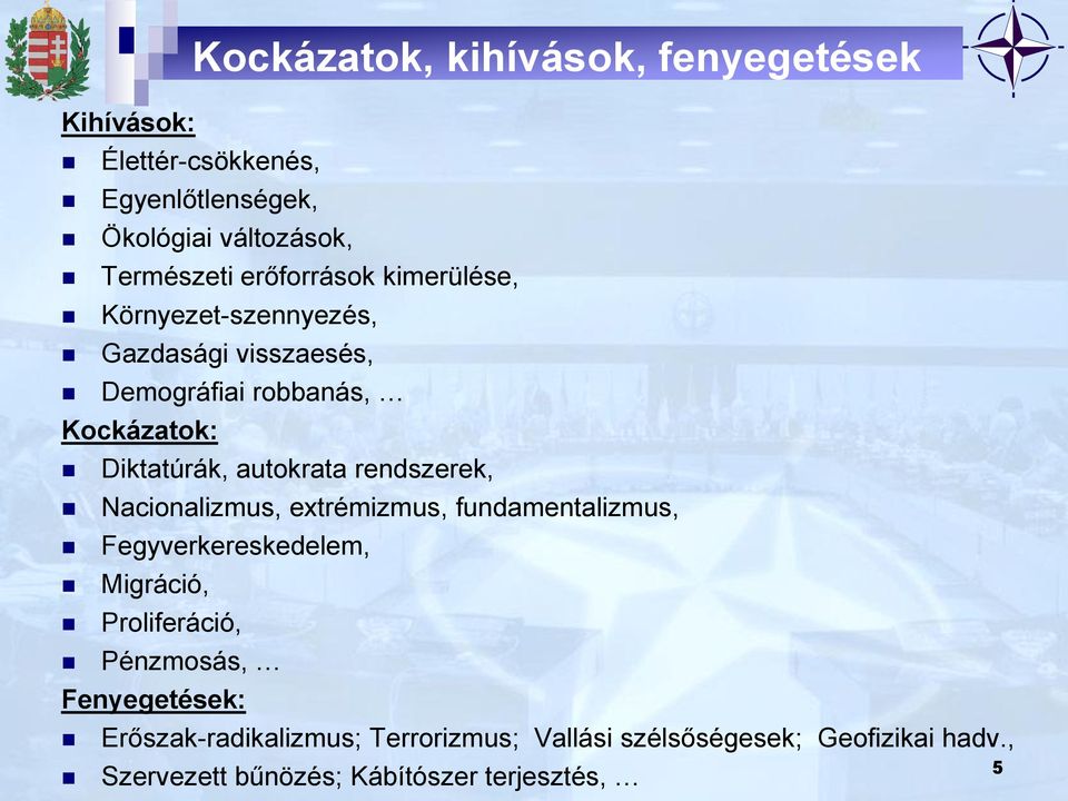 autokrata rendszerek, Nacionalizmus, extrémizmus, fundamentalizmus, Fegyverkereskedelem, Migráció, Proliferáció,