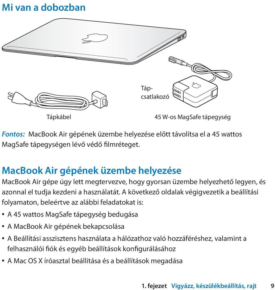 A következő oldalak végigvezetik a beállítási folyamaton, beleértve az alábbi feladatokat is: A 45 wattos MagSafe tápegység bedugása A MacBook Air gépének bekapcsolása A Beállítási