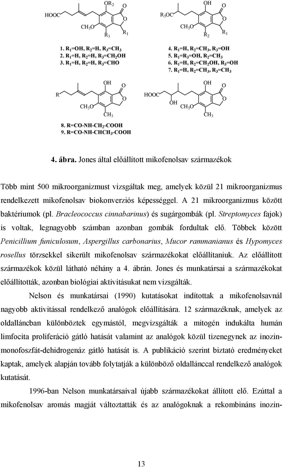 Jones által előállított mikofenolsav származékok Több mint 500 mikroorganizmust vizsgáltak meg, amelyek közül 21 mikroorganizmus rendelkezett mikofenolsav biokonverziós képességgel.