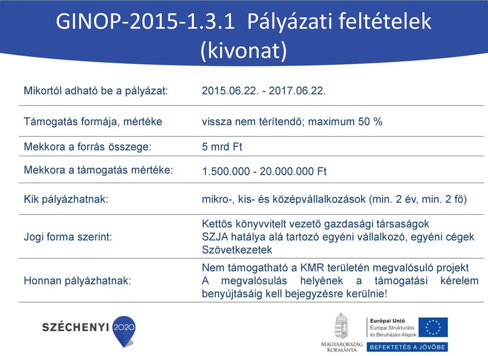 Támogatás formája, mértéke vissza nem térítendő; maximum 50 % Mekkora a forrás összege: Mekkora a támogatás mértéke: Kik pályázhatnak: Jogi forma szerint: