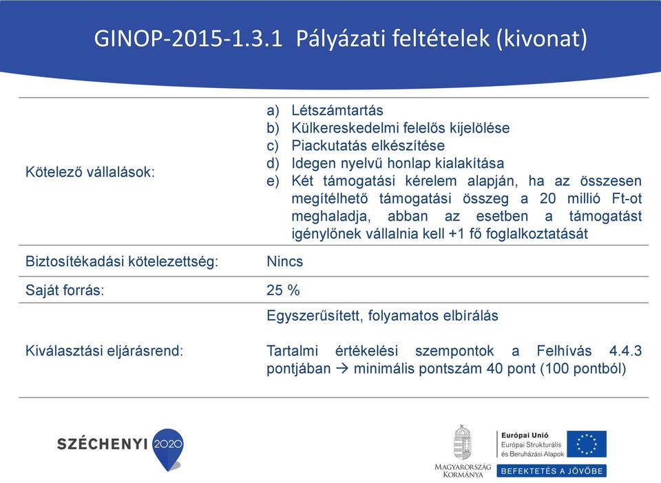 Piackutatás elkészítése d) Idegen nyelvű honlap kialakítása e) Két támogatási kérelem alapján, ha az összesen megítélhető támogatási összeg a 20