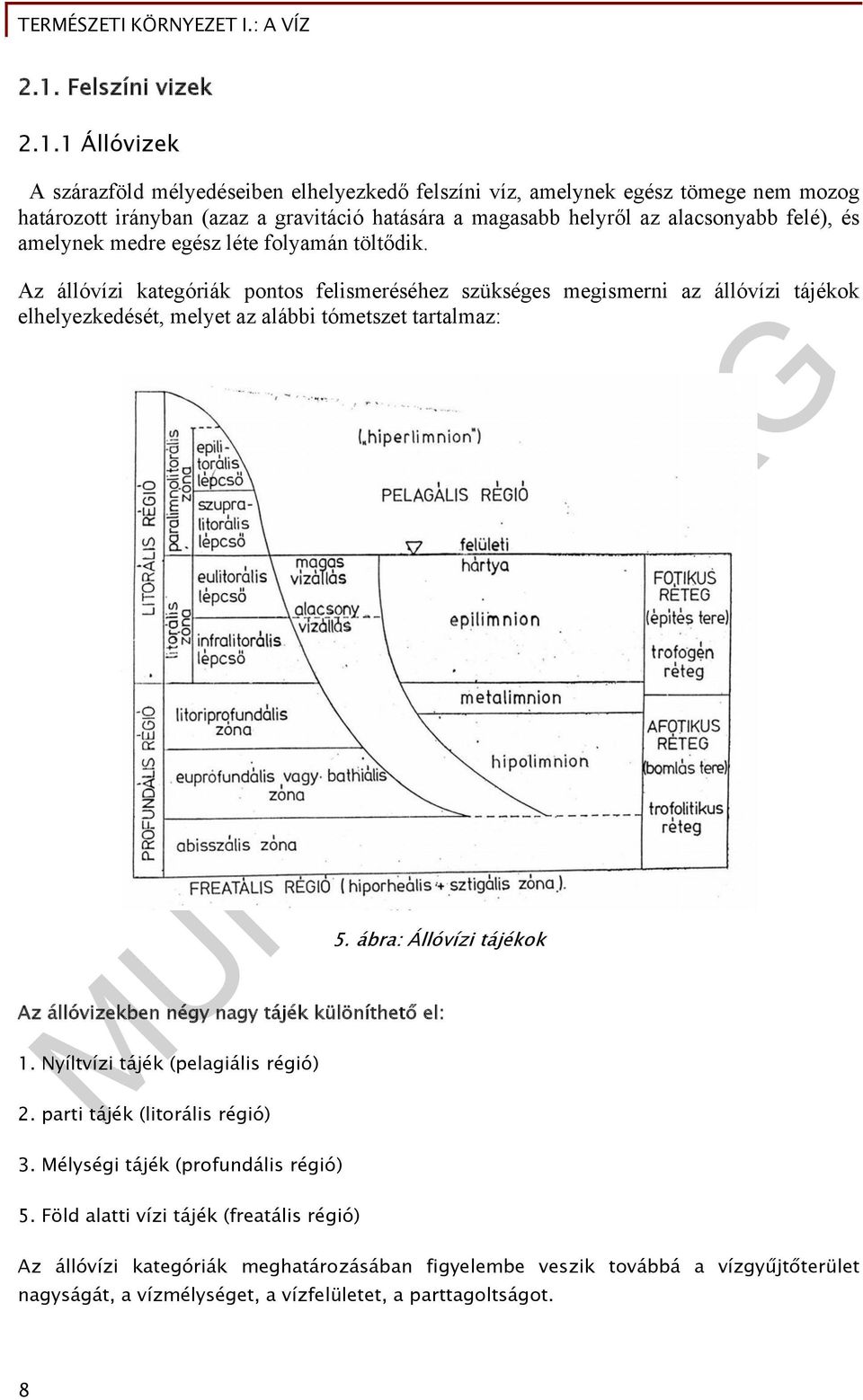 Az állóvízi kategóriák pontos felismeréséhez szükséges megismerni az állóvízi tájékok elhelyezkedését, melyet az alábbi tómetszet tartalmaz: 5.