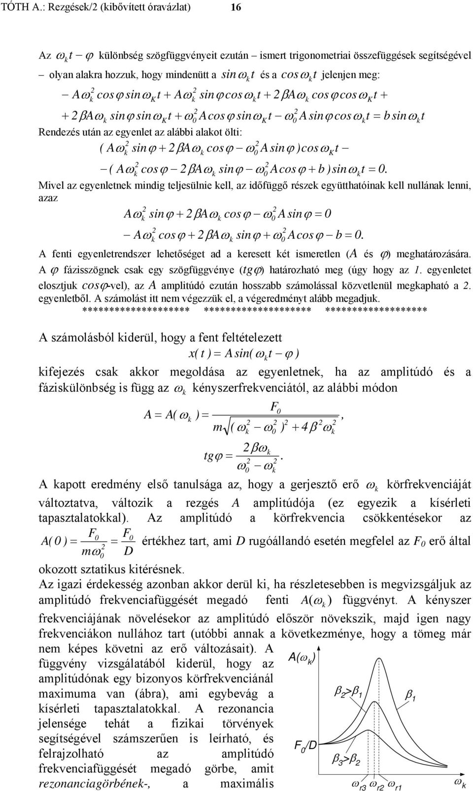 együtthatóina ell nullána lenni, azaz A + βa A A + βa + A b A fenti egyenletendsze lehetőséget ad a eesett ét iseetlen (A és ϕ eghatáozásáa A ϕ fázisszögne csa egy szögfüggvénye (tgϕ hatáozható eg