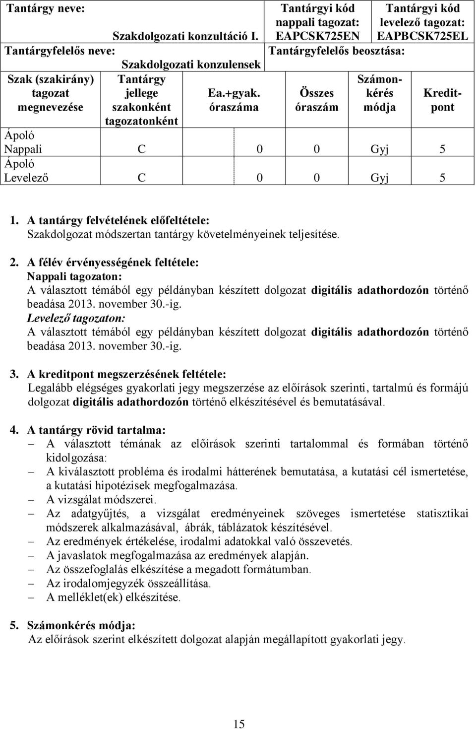 Nappali C 0 0 Gyj 5 Levelező C 0 0 Gyj 5 1. A tantárgy felvételének előfeltétele: Szakdolgozat módszertan tantárgy követelményeinek teljesítése. 2.