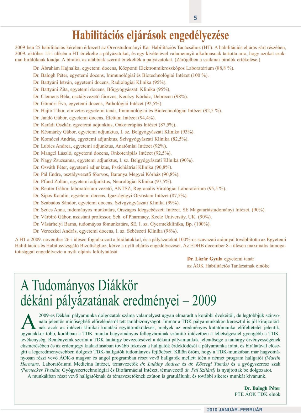 A bírálók az alábbiak szerint értékelték a pályázatokat. (Zárójelben a szakmai bírálók értékelése.) Dr. Ábrahám Hajnalka, egyetemi docens, Központi Elektronmikroszkópos Laboratórium (88,8 %). Dr. Balogh Péter, egyetemi docens, Immunológiai és Biotechnológiai Intézet (100 %).