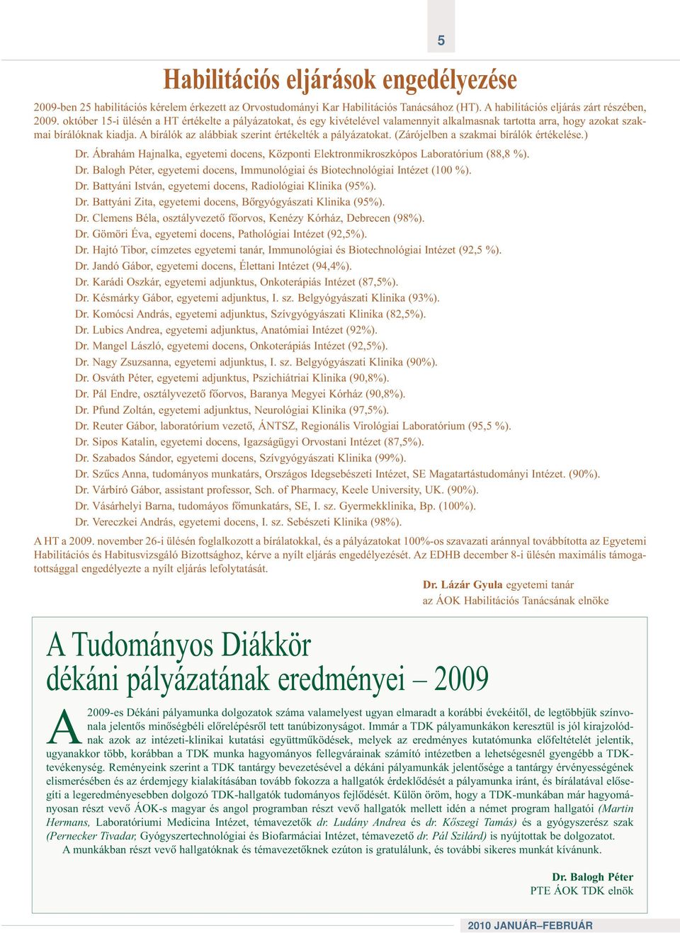 A bírálók az alábbiak szerint értékelték a pályázatokat. (Zárójelben a szakmai bírálók értékelése.) Dr. Ábrahám Hajnalka, egyetemi docens, Központi Elektronmikroszkópos Laboratórium (88,8 %). Dr. Balogh Péter, egyetemi docens, Immunológiai és Biotechnológiai Intézet (100 %).