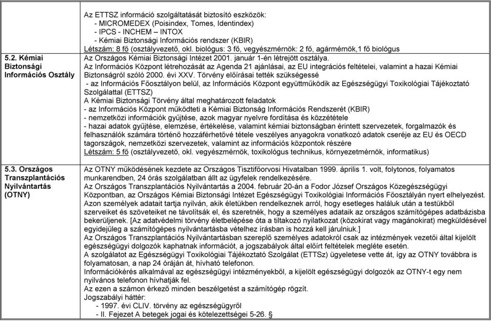 rendszer (KBIR) Létszám: 8 fő (osztályvezető, okl. biológus: 3 fő, vegyészmérnök: 2 fő, agármérnök,1 fő biológus Az Országos Kémiai Biztonsági Intézet 2001. január 1-én létrejött osztálya.