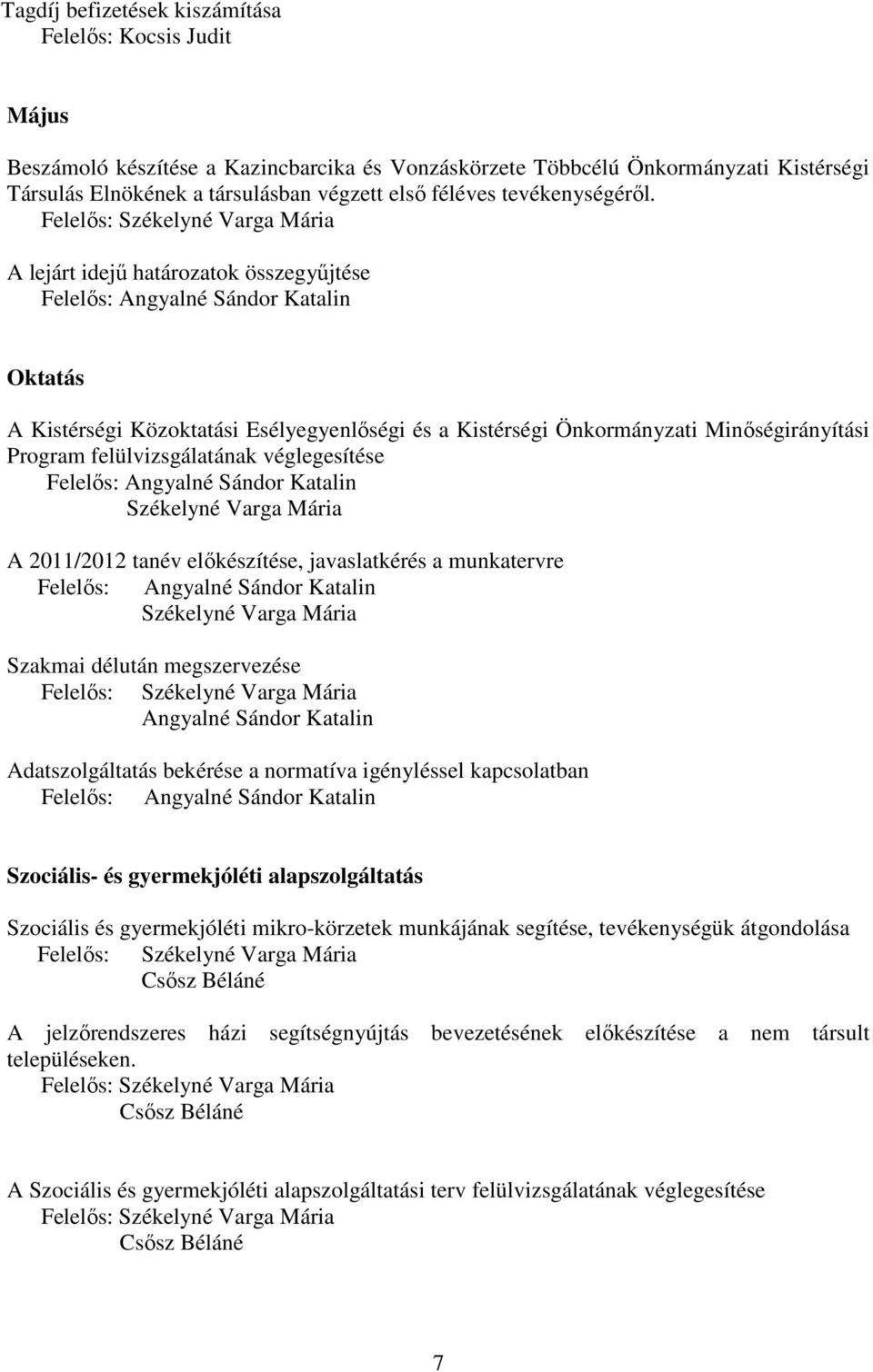 A lejárt idejő határozatok összegyőjtése A Kistérségi Közoktatási Esélyegyenlıségi és a Kistérségi Önkormányzati Minıségirányítási Program felülvizsgálatának véglegesítése A 2011/2012 tanév