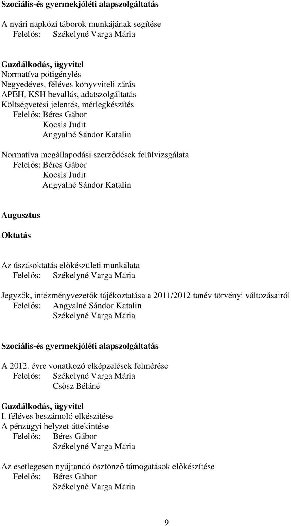 munkálata Jegyzık, intézményvezetık tájékoztatása a 2011/2012 tanév törvényi változásairól Szociális-és gyermekjóléti alapszolgáltatás A 2012.