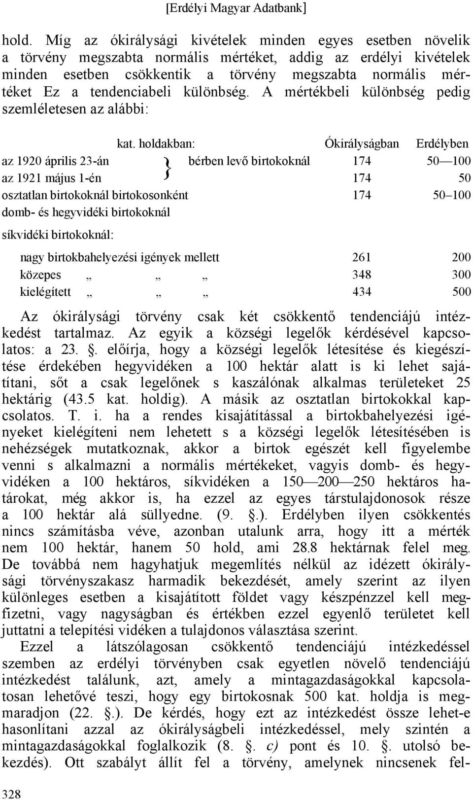 holdakban: Ókirályságban Erdélyben az 1920 április 23-án bérben levő birtokoknál 174 50 100 } az 1921 május 1-én 174 50 osztatlan birtokoknál birtokosonként 174 50 100 domb- és hegyvidéki birtokoknál