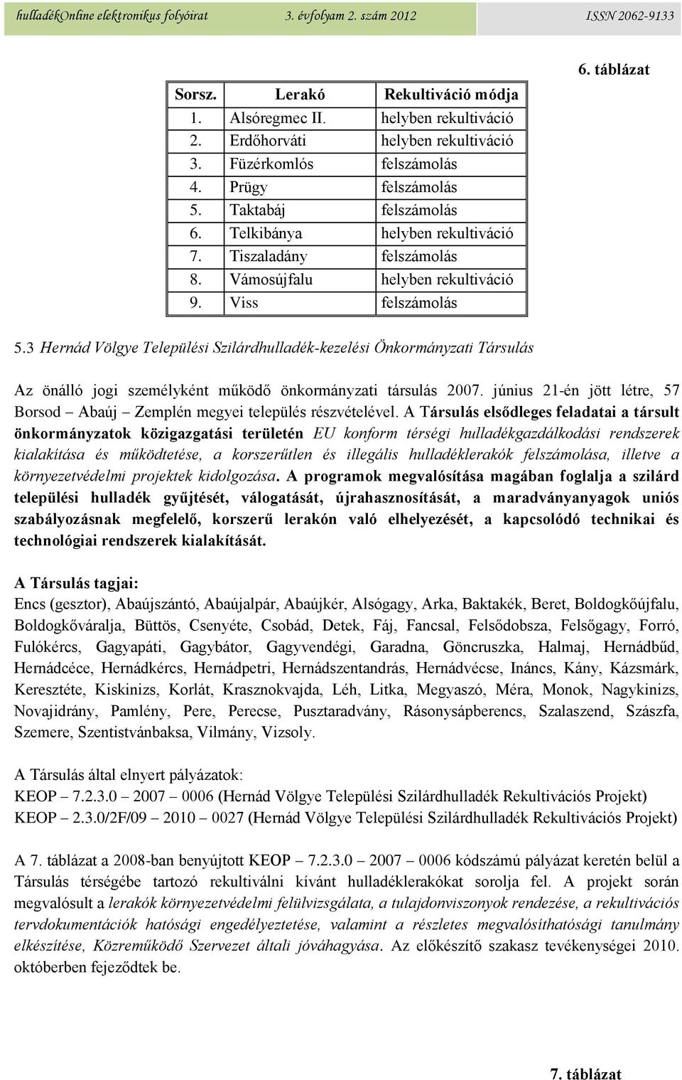 3 Hernád Völgye Települési Szilárdhulladék-kezelési Önkormányzati Társulás Az önálló jogi személyként működő önkormányzati társulás 2007.