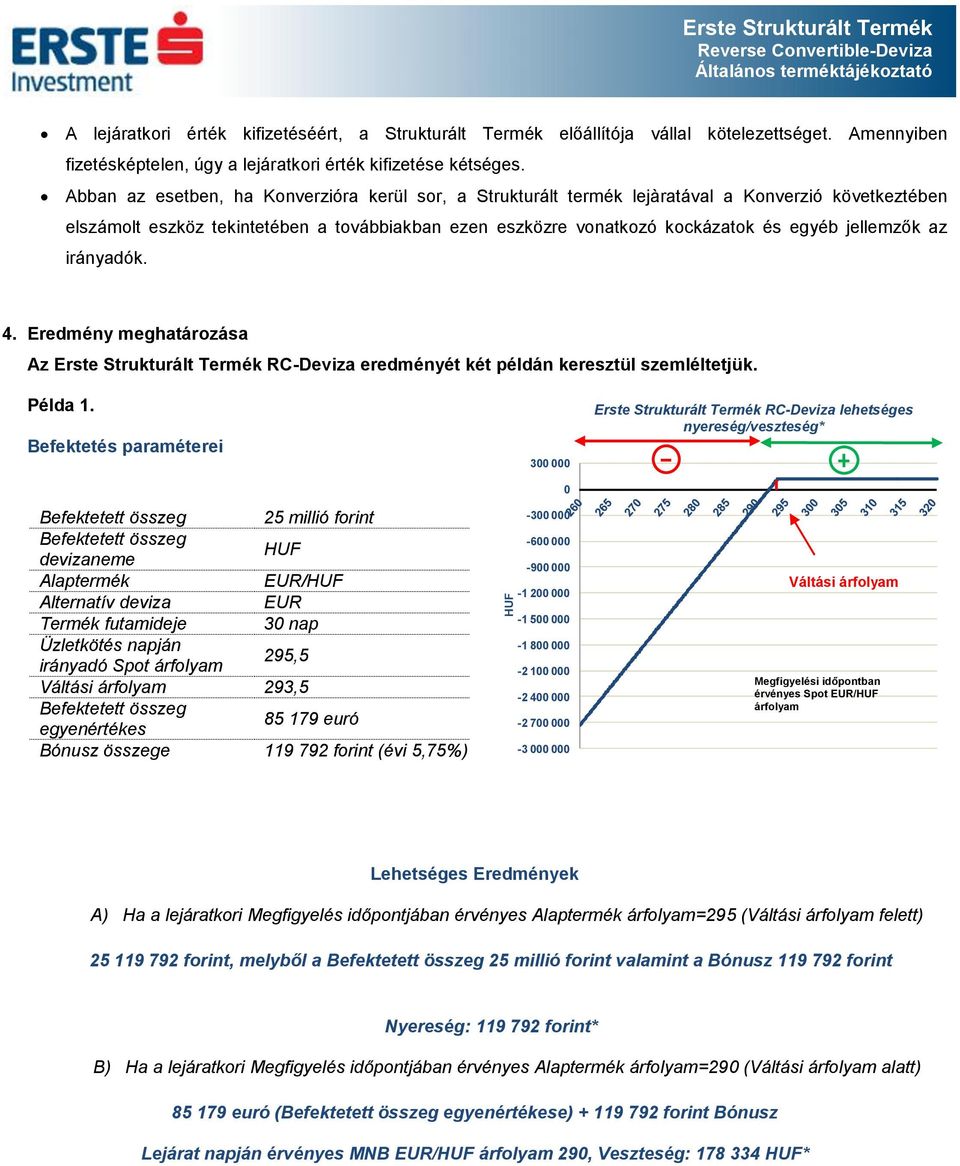 jellemzők az irányadók. 4. Eredmény meghatározása Az Erste Strukturált Termék RC-Deviza eredményét két példán keresztül szemléltetjük. Példa 1.