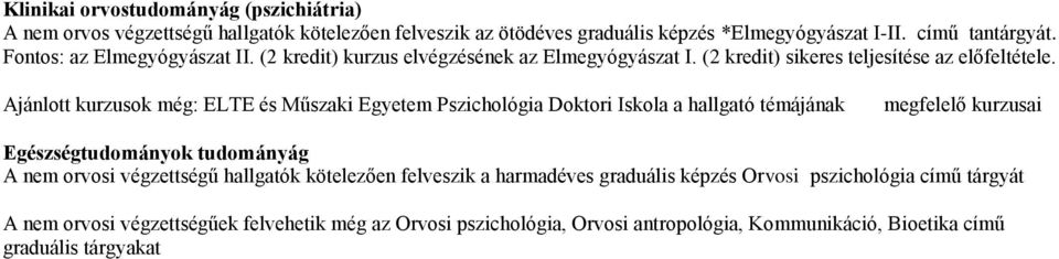 Ajánlott kurzusok még: ELTE és Műszaki Egyetem Pszichológia Doktori Iskola a hallgató témájának megfelelő kurzusai Egészségtudományok tudományág A nem orvosi