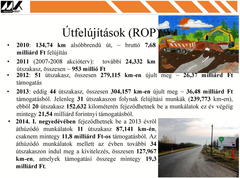Jelenleg 31 útszakaszon folynak felújítási munkák (239,773 km-en), ebből 20 útszakasz 152,632 kilométerén fejeződhetnek be a munkálatok ez év végéig mintegy 21,54 milliárd forintnyi támogatásból.