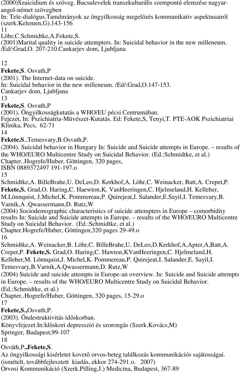The Internet-data on suicide. In: Suicidal behavior in the new milleneum. /Ed/:Grad,O.147-153. Cankarjev dom, Ljubljana 13 Osvath,P (2001). Öngyilkosságkutatás a WHO/EU pécsi Centrumában.
