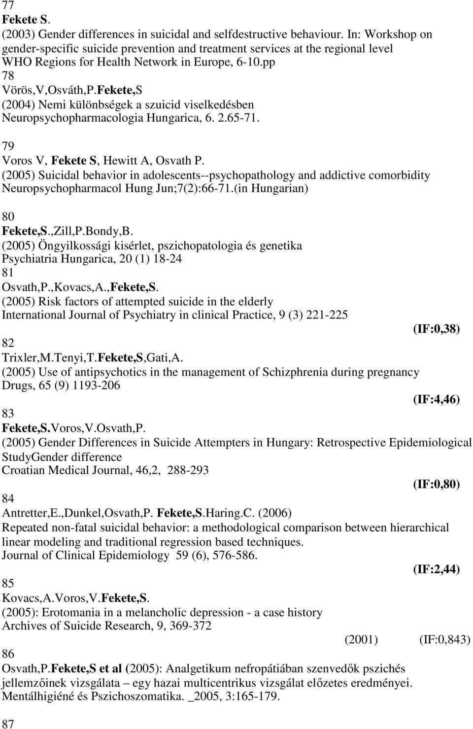 Fekete,S (2004) Nemi különbségek a szuicid viselkedésben Neuropsychopharmacologia Hungarica, 6. 2.65-71. 79 Voros V, Fekete S, Hewitt A, Osvath P.