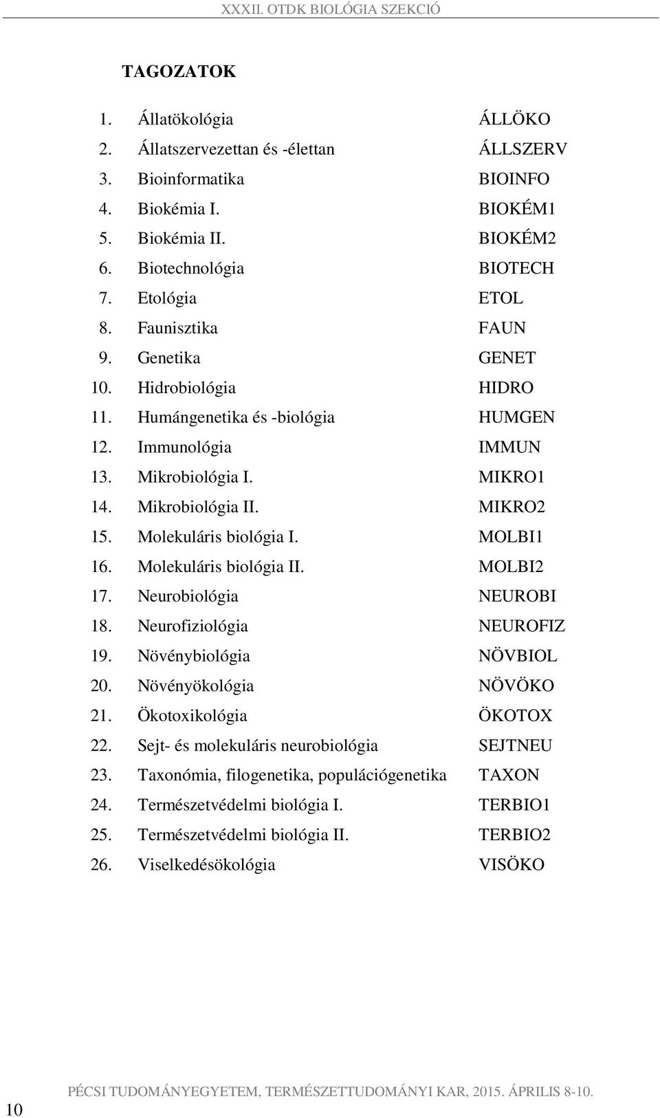 Molekuláris biológia I. MOLBI1 16. Molekuláris biológia II. MOLBI2 17. Neurobiológia NEUROBI 18. Neurofiziológia NEUROFIZ 19. Növénybiológia NÖVBIOL 20. Növényökológia NÖVÖKO 21.