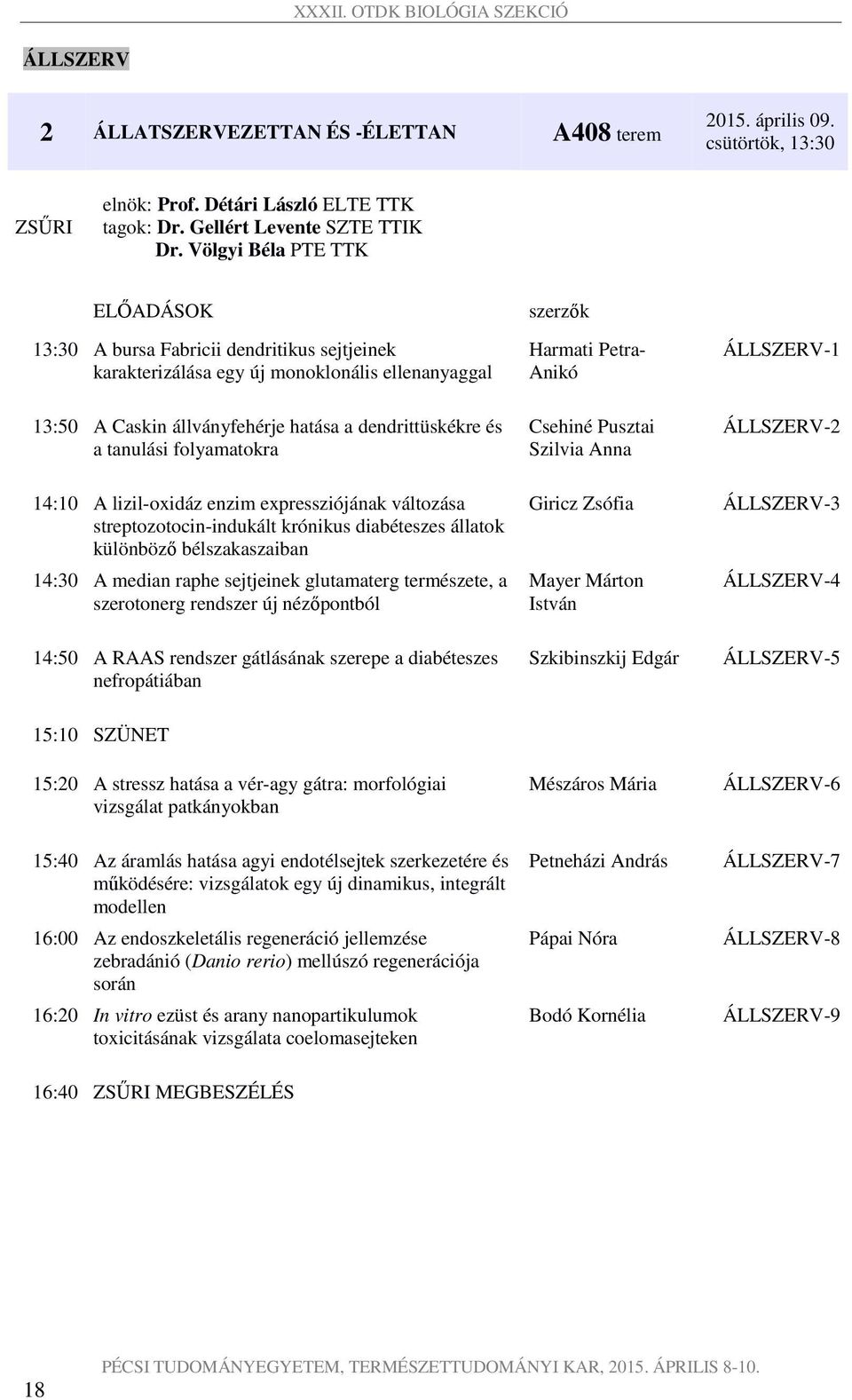 folyamatokra 14:10 A lizil-oxidáz enzim expressziójának változása streptozotocin-indukált krónikus diabéteszes állatok különböző bélszakaszaiban 14:30 A median raphe sejtjeinek glutamaterg