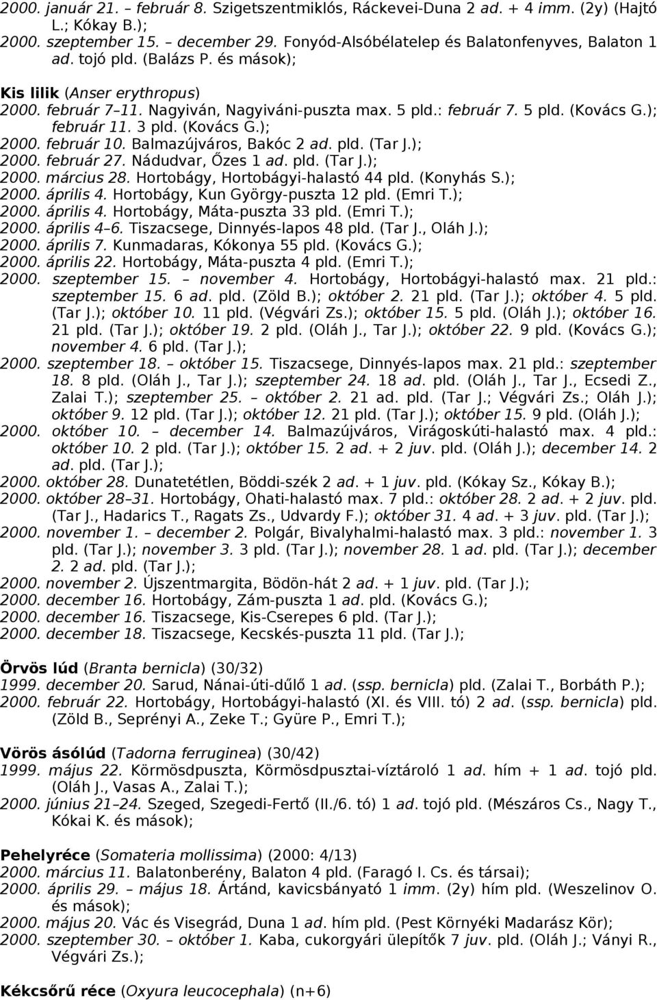 Balmazújváros, Bakóc 2 ad. pld. (Tar J.); 2000. február 27. Nádudvar, Őzes 1 ad. pld. (Tar J.); 2000. március 28. Hortobágy, Hortobágyi-halastó 44 pld. (Konyhás S.); 2000. április 4.