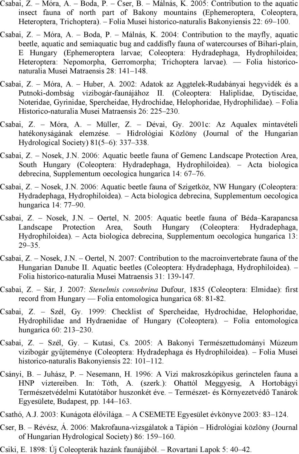 2004: Contribution to the mayfly, aquatic beetle, aquatic and semiaquatic bug and caddisfly fauna of watercourses of Bihari-plain, E Hungary (Ephemeroptera larvae; Coleoptera: Hydradephaga,