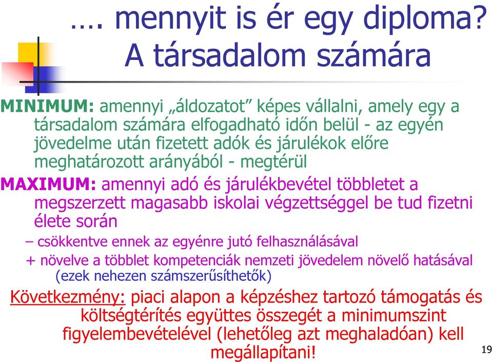 előre meghatározott arányából - megtérül MAXIMUM: amennyi adó és járulékbevétel többletet a megszerzett magasabb iskolai végzettséggel be tud fizetni élete során csökkentve