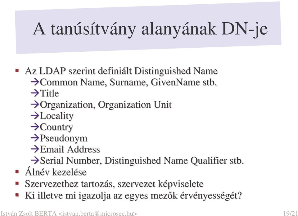 Title Organization, Organization Unit Locality Country Pseudonym Email Address Serial Number,