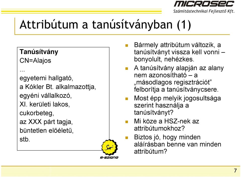 Bármely attribútum változik, a tanúsítványt vissza kell vonni bonyolult, nehézkes.