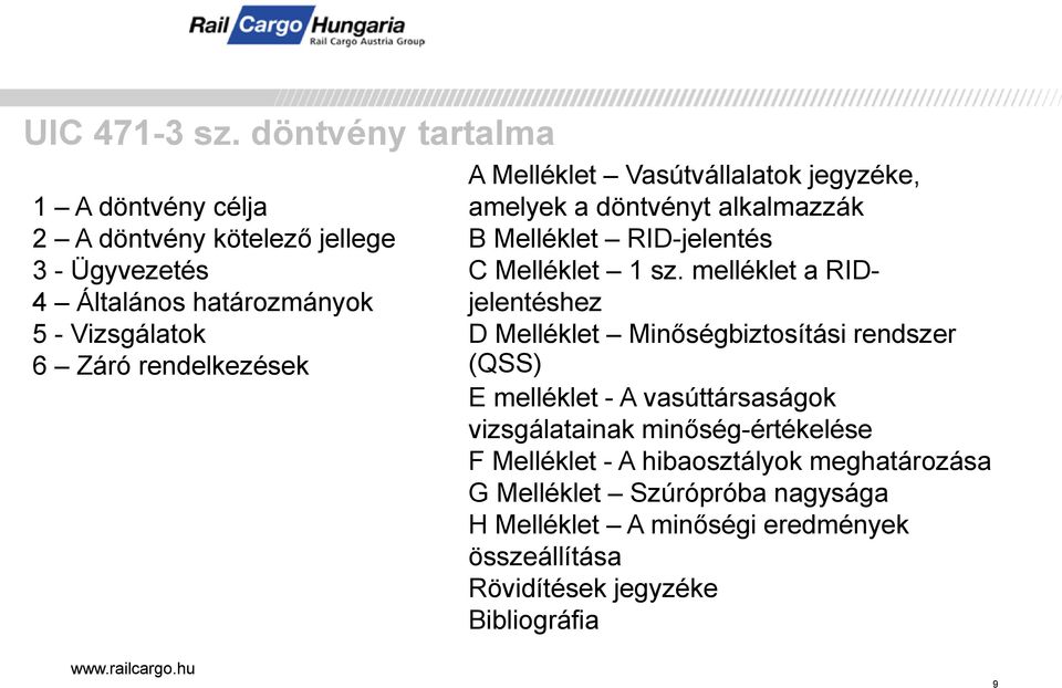 rendelkezések A Melléklet Vasútvállalatok jegyzéke, amelyek a döntvényt alkalmazzák B Melléklet RID-jelentés C Melléklet 1 sz.