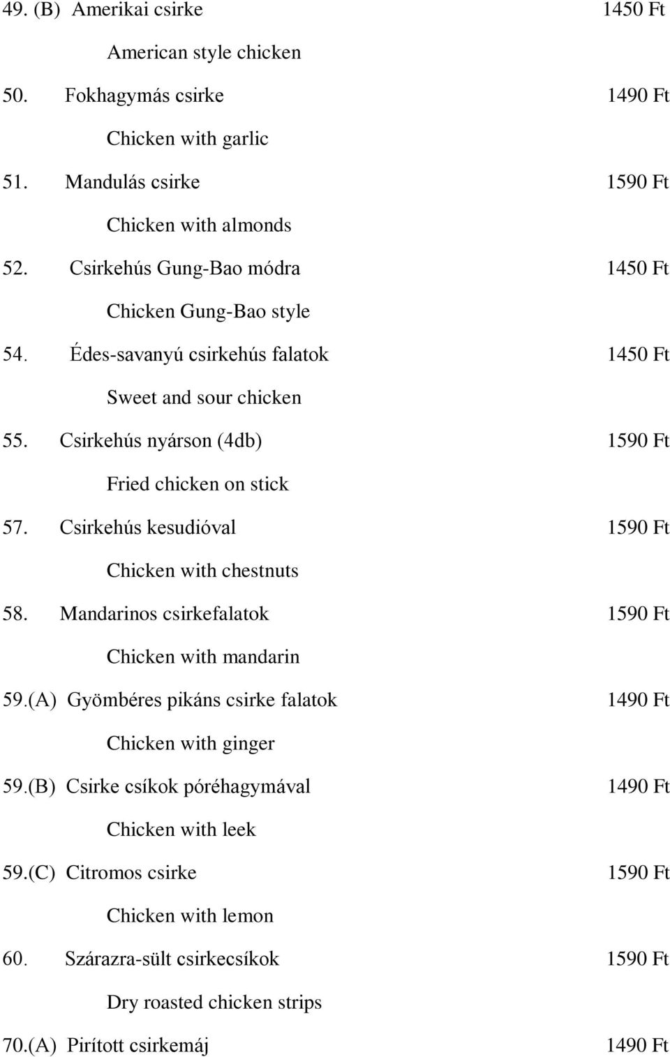 Csirkehús nyárson (4db) 1590 Ft Fried chicken on stick 57. Csirkehús kesudióval 1590 Ft Chicken with chestnuts 58. Mandarinos csirkefalatok 1590 Ft Chicken with mandarin 59.