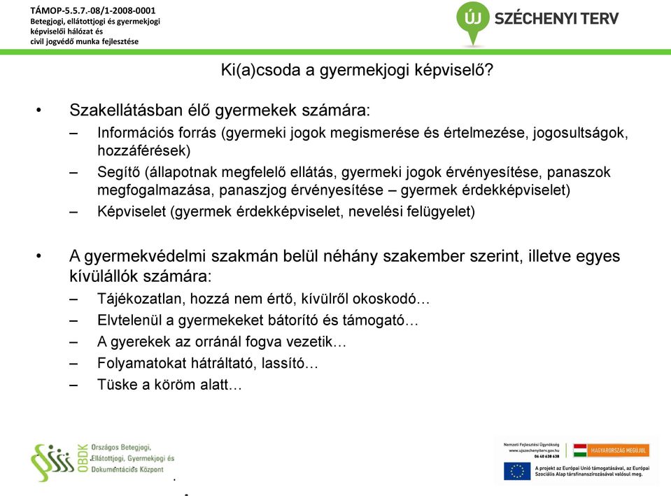 ellátás, gyermeki jogok érvényesítése, panaszok megfogalmazása, panaszjog érvényesítése gyermek érdekképviselet) Képviselet (gyermek érdekképviselet, nevelési