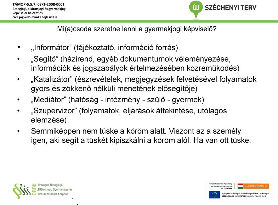 közreműködés) Katalizátor (észrevételek, megjegyzések felvetésével folyamatok gyors és zökkenő nélküli menetének elősegítője) Mediátor