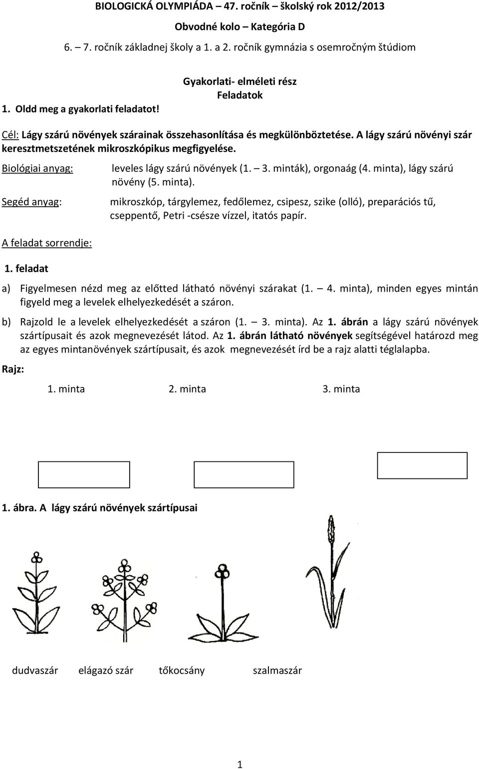 Biológiai anyag: Segéd anyag: A feladat sorrendje: 1. feladat leveles lágy szárú növények (1. 3. minták), orgonaág (4. minta),