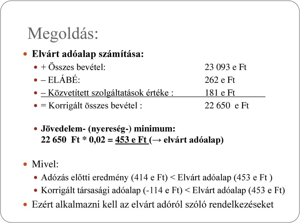 453 e Ft ( elvárt adóalap) Mivel: Adózás előtti eredmény (414 e Ft) < Elvárt adóalap (453 e Ft ) Korrigált