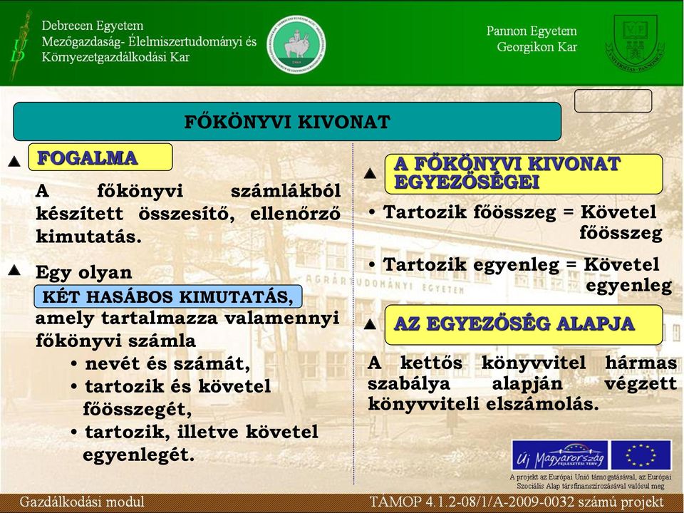 tartozik, illetve követel egyenlegét A FŐKÖNYVI KIVONAT EGYEZŐSÉGEI Tartozik főösszeg = Követel főösszeg