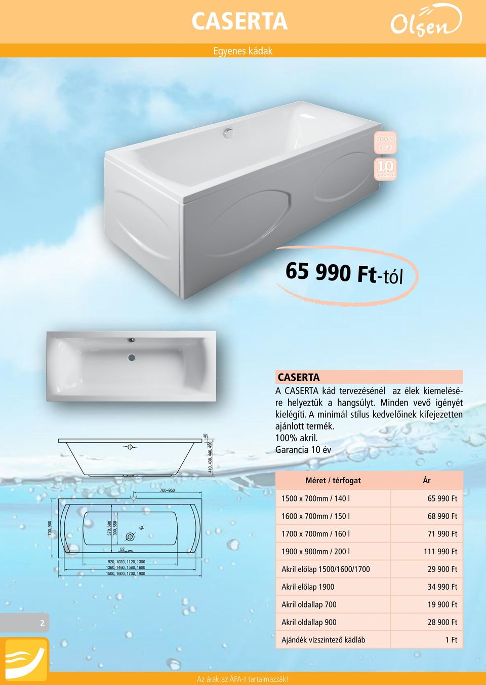 Garancia 10 év Méret / térfogat 1500 x 700mm / 140 l 65 990 Ft 1600 x 700mm / 150 l 68 990 Ft 700, 900 570, 690 390, 550 52 1700 x 700mm / 160 l 71 990 Ft 52 920, 1020, 1120, 1300