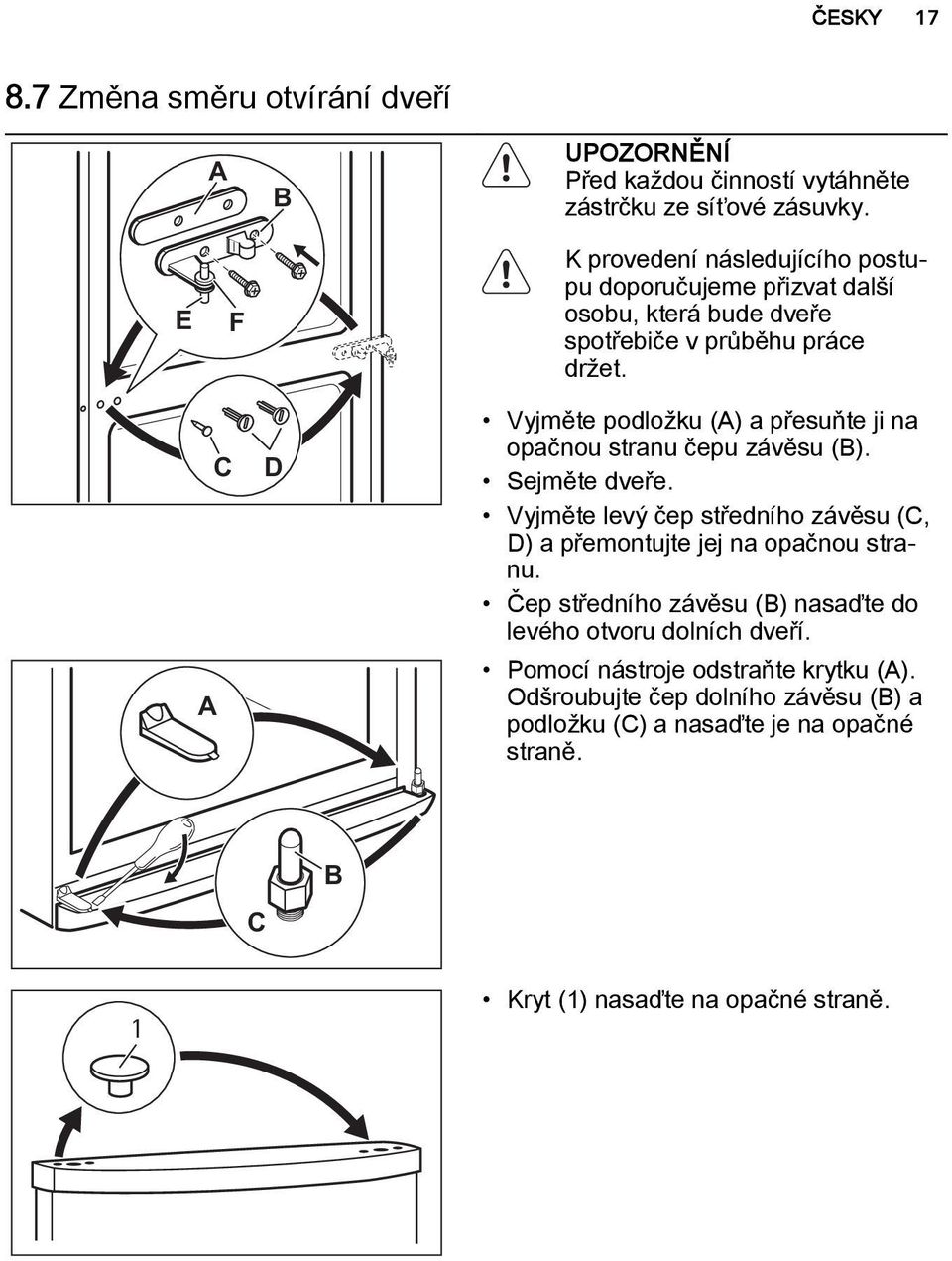 A C D Vyjměte podložku (A) a přesuňte ji na opačnou stranu čepu závěsu (B). Sejměte dveře.