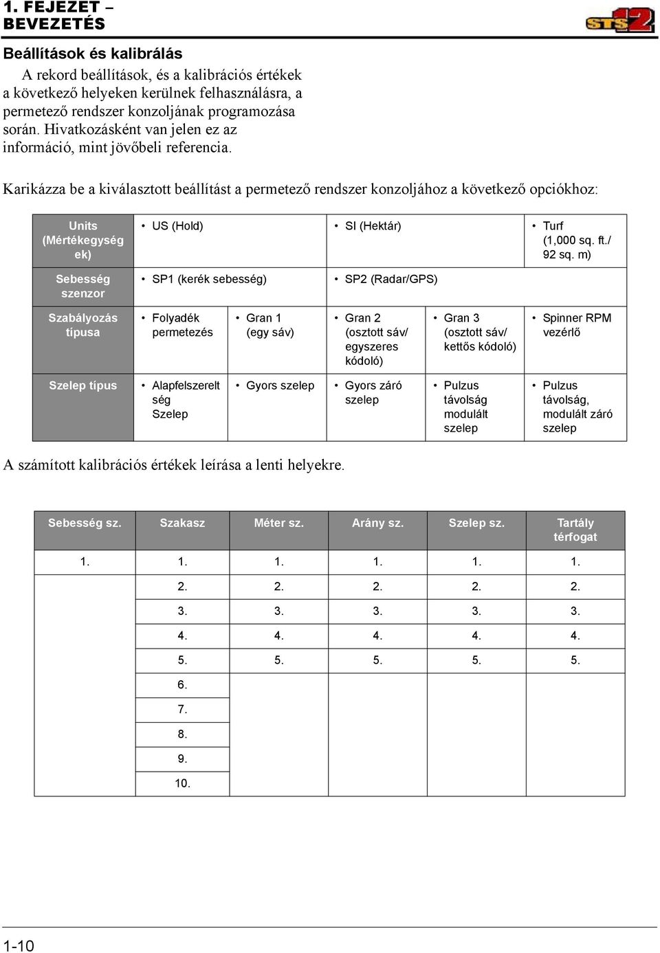 Karikázza be a kiválasztott beállítást a permetező rendszer konzoljához a következő opciókhoz: Units (Mértékegység ek) US (Hold) SI (Hektár) Turf (1,000 sq. ft./ 92 sq.