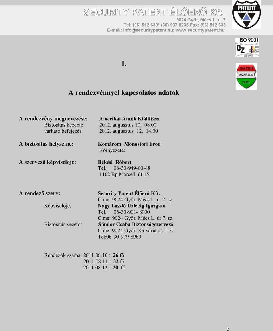 A rendező szerv: Képviselője: Biztosítás vezető: Security Patent Élőerő Kft. Címe:. sz. Nagy László Üzletág Igazgató Tel. 06-30-901-8900 Címe: 9024 Győr, Mécs L.