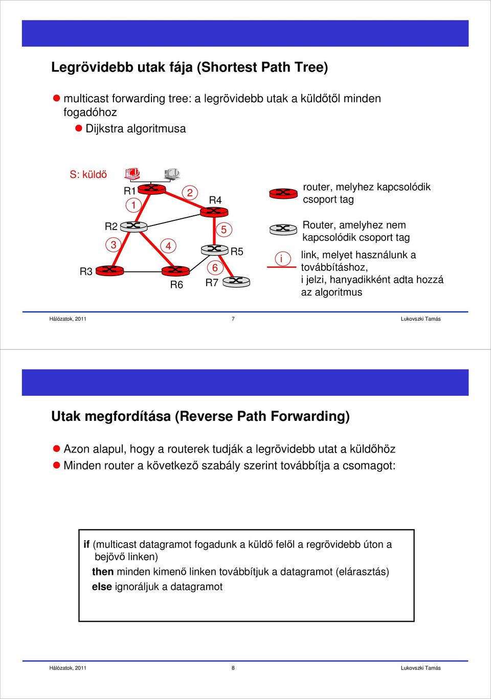 algoritmus 7 Utak megfordítása (Reverse Path Forwarding) Azon alapul, hogy a routerek tudják a legrövidebb utat a küldıhöz Minden router a következı szabály szerint továbbítja