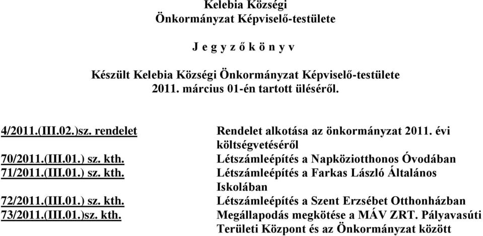 (III.01.)sz. kth. Rendelet alkotása az önkormányzat 2011.
